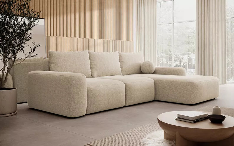 Kampinė sofa CARNOS, bežinės spalvos šenilas