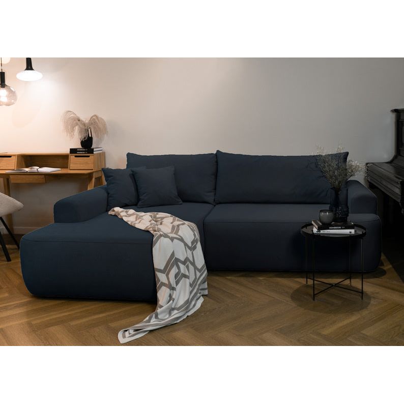 Kampinė sofa lova OVO, kairė, mėlynas aksomas