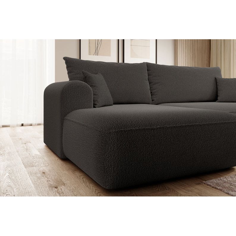 Kampinė sofa lova OVO, kairė, tamsiai pilka boucle