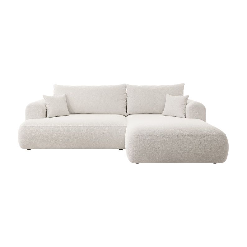 Kampinė sofa OVO,  dešinė pusė, kreminė spalvos, su miegamąja funkcija, boucle audinys