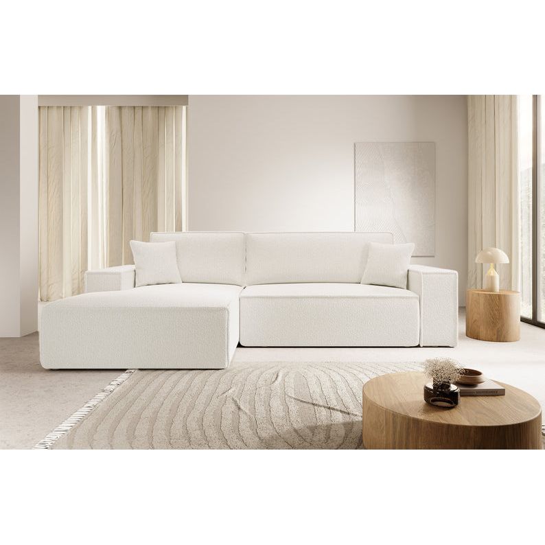 Kampinė sofa lova FERNANDO, kairė pusė, kreminė, boucle