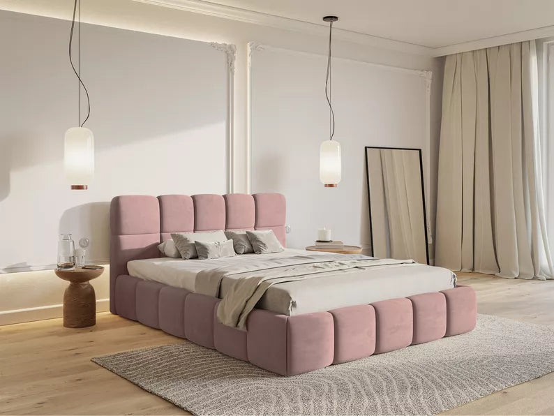 Bedroom bed SOFTY, light pink velour