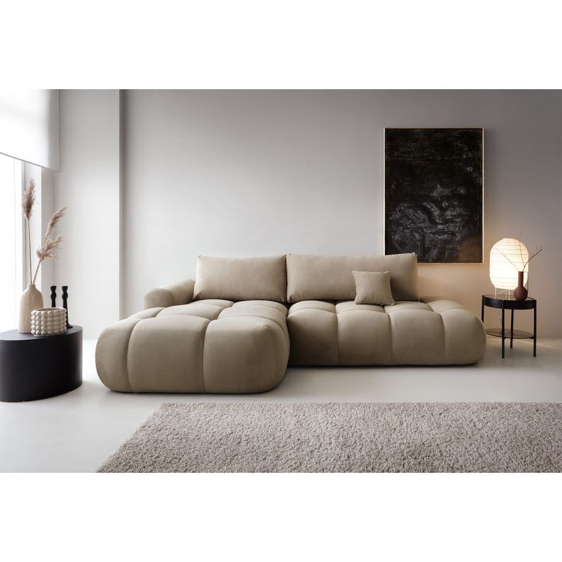 Kampinė sofa lova OMBO, kairė, smėlinis aksomas
