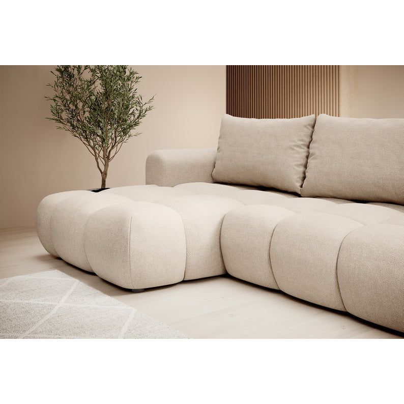 Kampinė sofa OMBO, kairė pusė, smėlio spalvos, su miegamąja funkcija