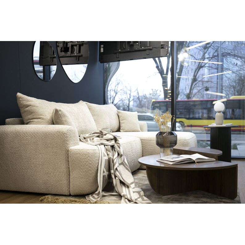 Kampinė sofa OVO,  kairė pusė, smėlio spalvos, su miegamąja funkcija, boucle audinys