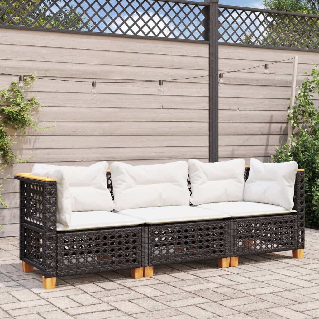 Trivietė sodo sofa su pagalvėlėmis, juodos spalvos, poliratanas - Namų Idėja