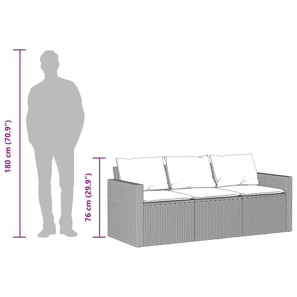 Trivietė sodo sofa su pagalvėlėmis, juodos spalvos, poliratanas - Namų Idėja