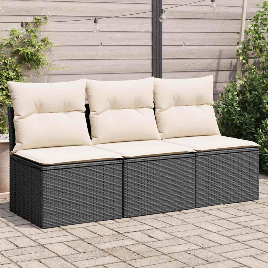 Trivietė sodo sofa su pagalvėlėmis, juodos spalvos, poliratanas - Namų Idėja
