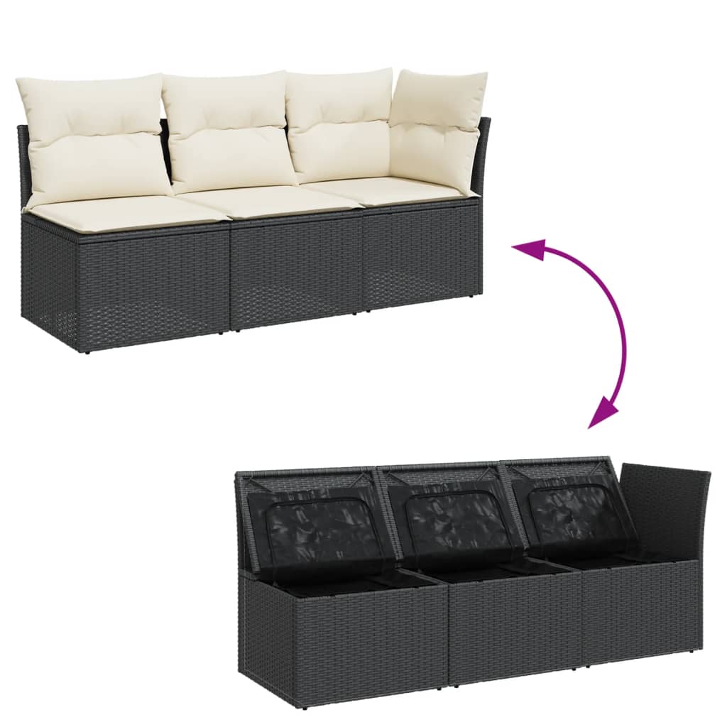 Trivietė sodo sofa su pagalvėlėmis, juodos spalvos, poliratanas - Namų Idėja