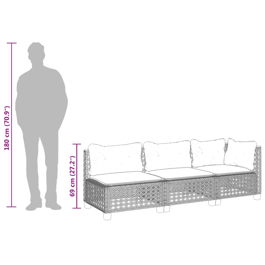 Trivietė sodo sofa su pagalvėlėmis, juodos spalvos, poliratanas - Namų Idėja