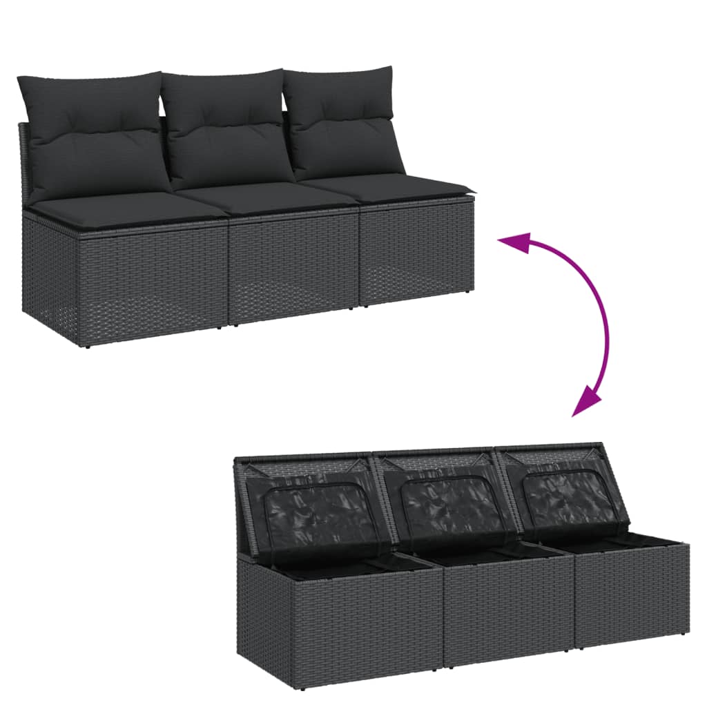 Trivietė sodo sofa su pagalvėlėmis, juodos spalvos, poliratanas - Namų Idėja