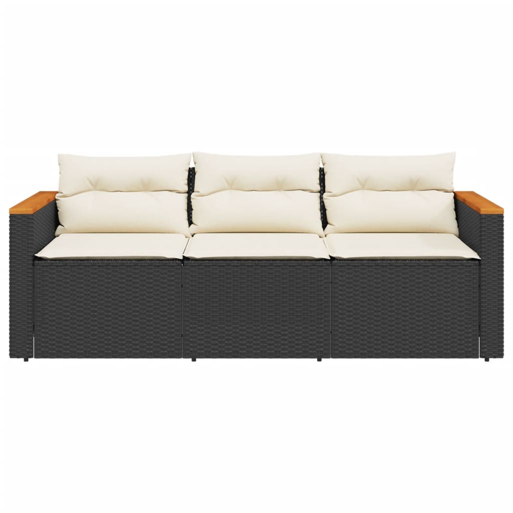Trivietė sodo sofa su pagalvėlėmis, juodos spalvos, poliratanas - Namų Idėja