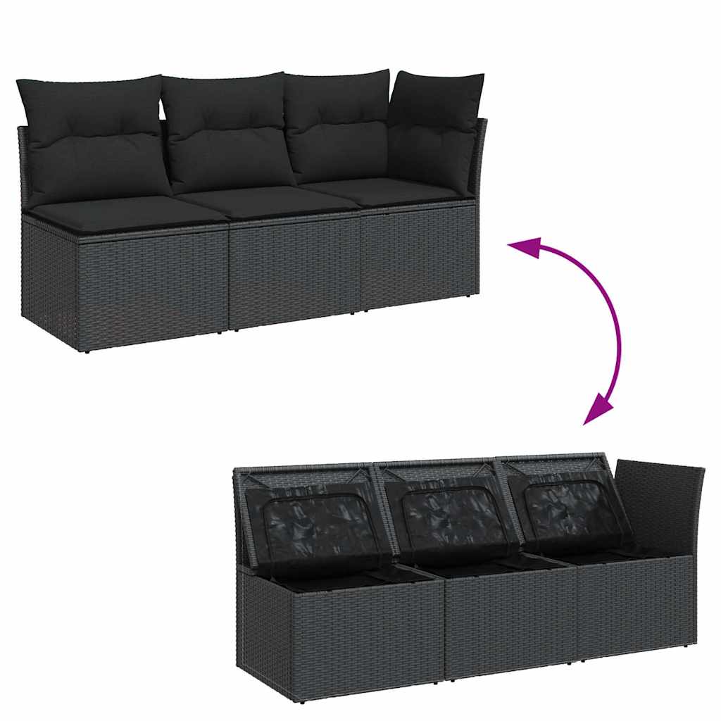 Trivietė sodo sofa su pagalvėlėmis, juodos spalvos, poliratanas - Namų Idėja