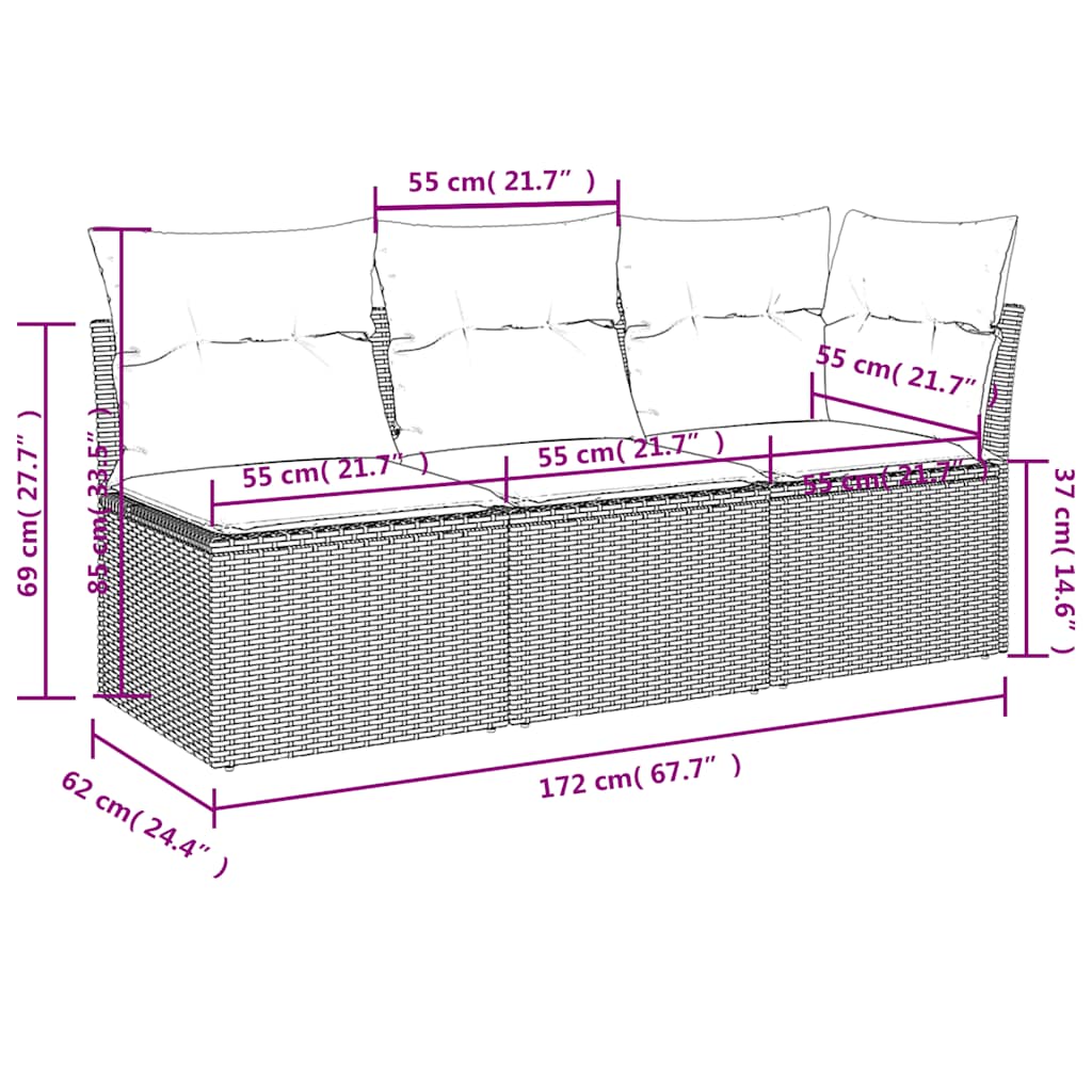 Trivietė sodo sofa su pagalvėlėmis, juodos spalvos, poliratanas - Namų Idėja