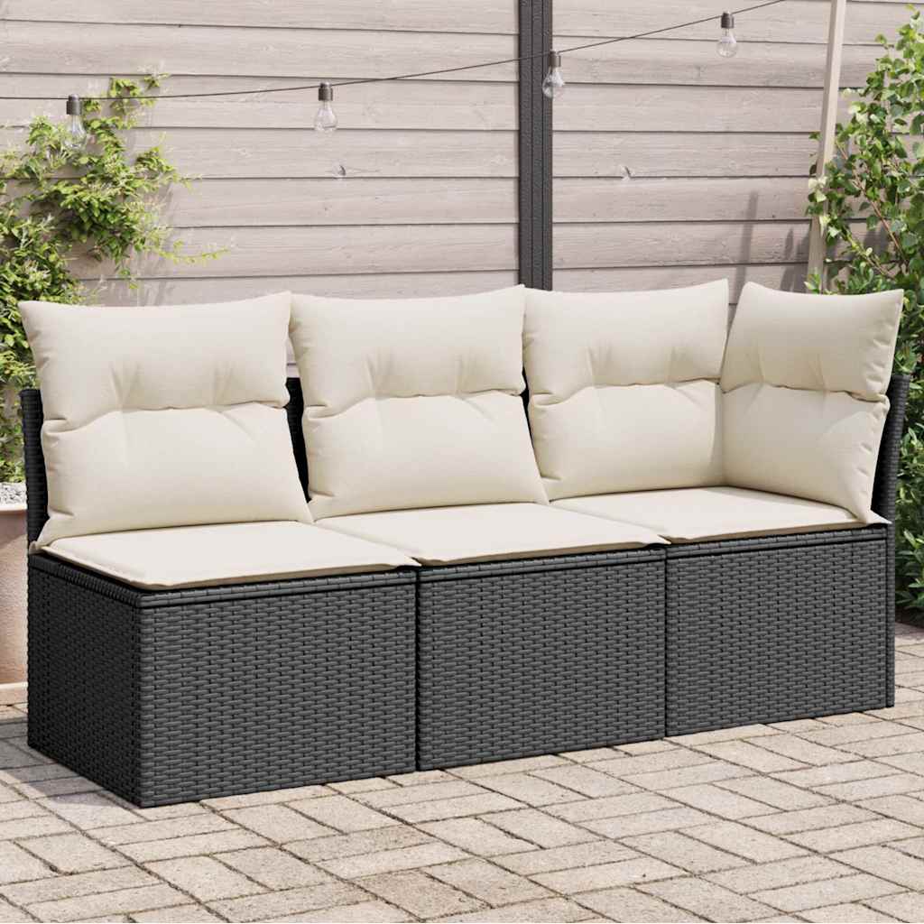 Trivietė sodo sofa su pagalvėlėmis, juodos spalvos, poliratanas - Namų Idėja