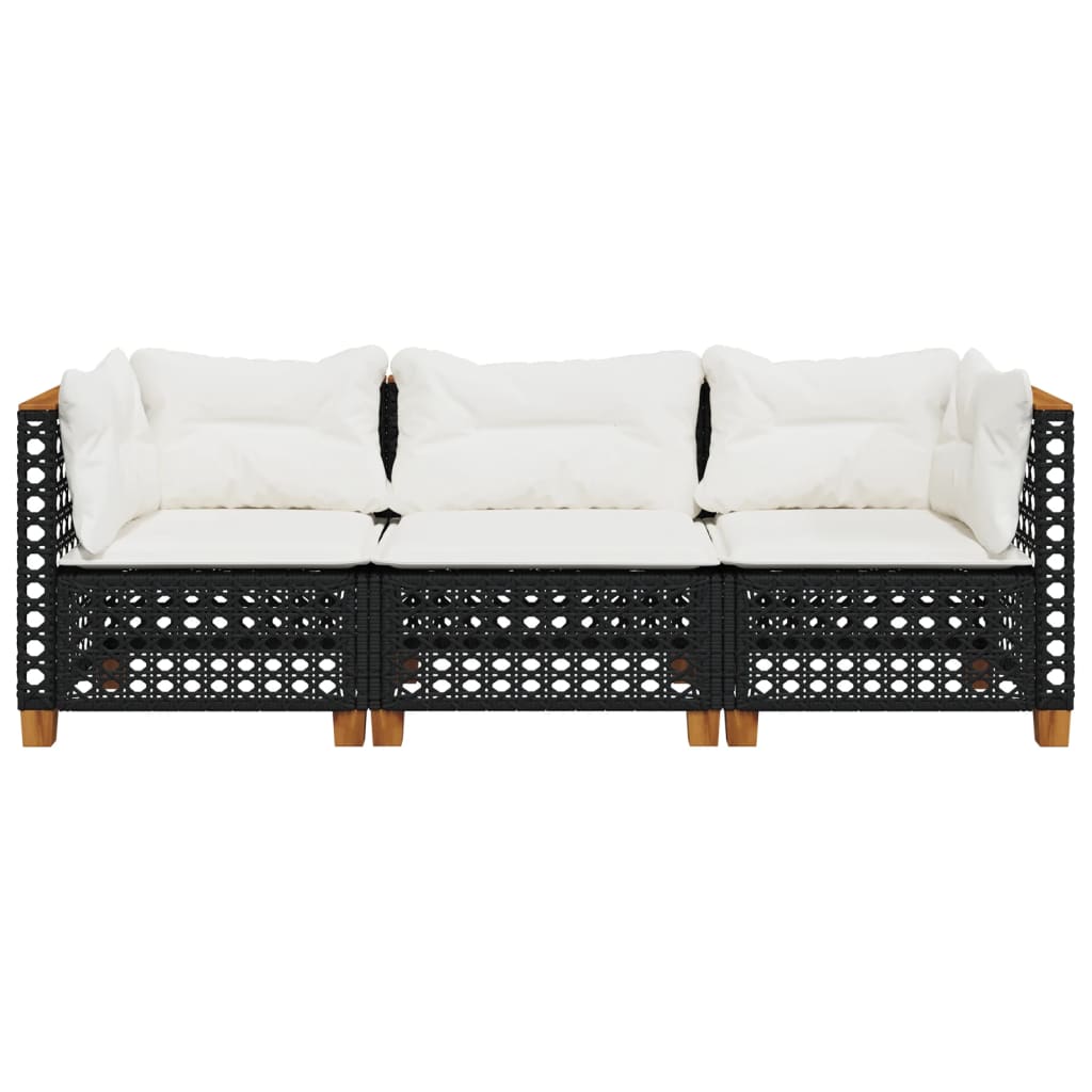 Trivietė sodo sofa su pagalvėlėmis, juodos spalvos, poliratanas - Namų Idėja