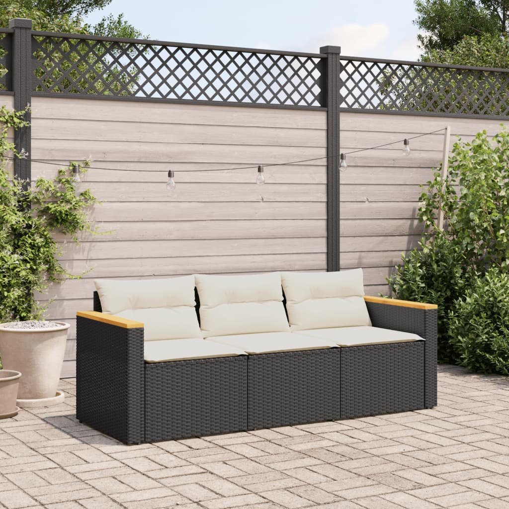 Trivietė sodo sofa su pagalvėlėmis, juodos spalvos, poliratanas - Namų Idėja