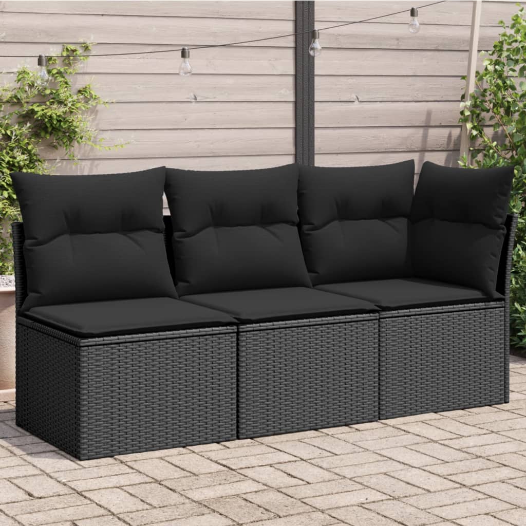 Trivietė sodo sofa su pagalvėlėmis, juodos spalvos, poliratanas - Namų Idėja