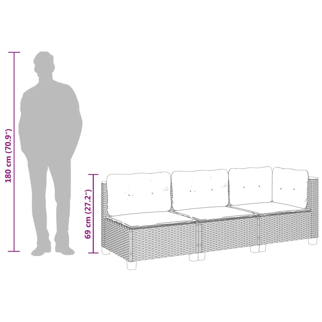 Trivietė sodo sofa su pagalvėlėmis, juodos spalvos, poliratanas - Namų Idėja