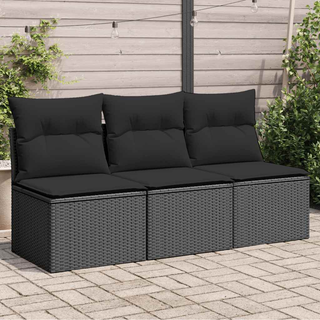 Trivietė sodo sofa su pagalvėlėmis, juodos spalvos, poliratanas - Namų Idėja