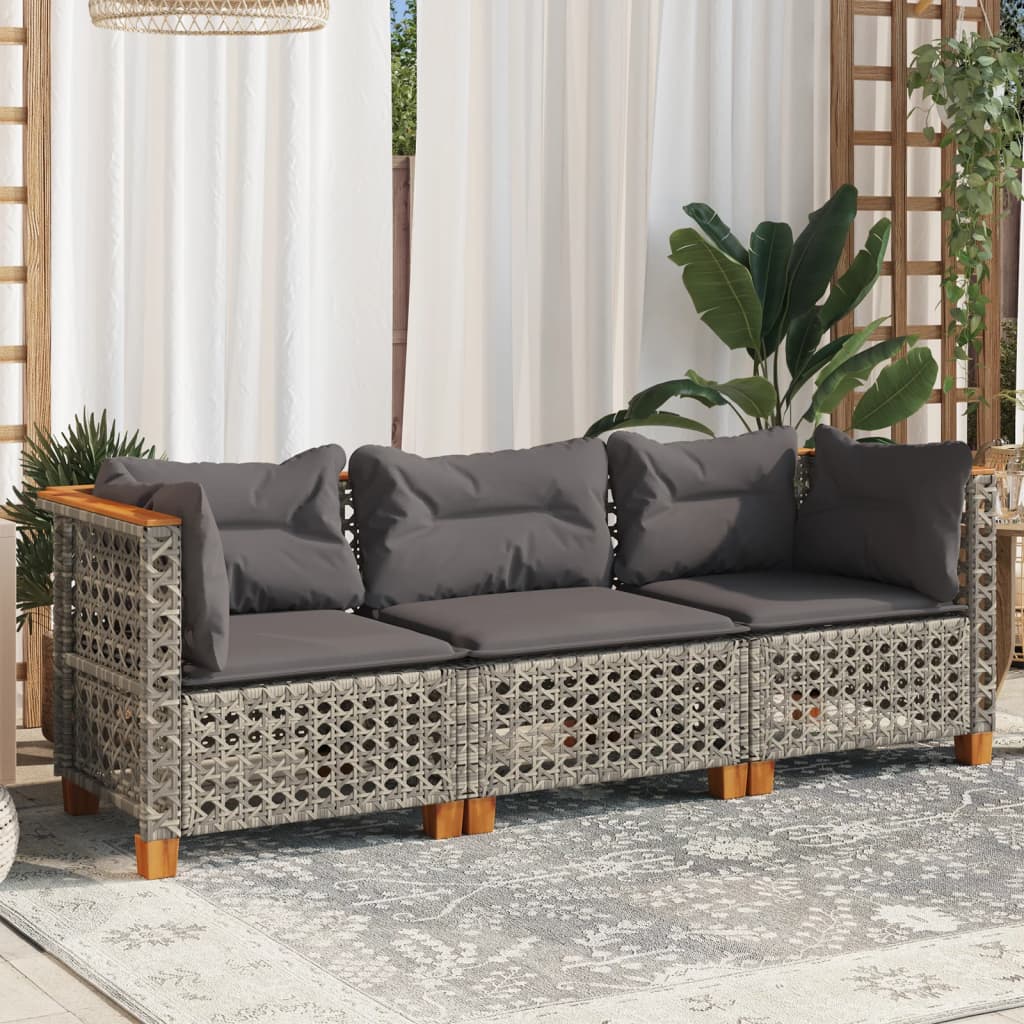 Trivietė sodo sofa su pagalvėlėmis, pilkos spalvos, poliratanas - Namų Idėja