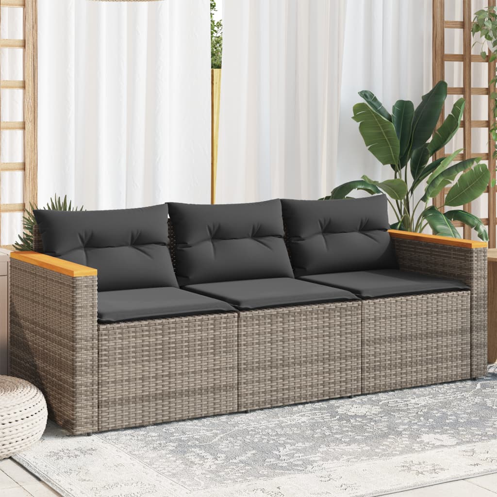Trivietė sodo sofa su pagalvėlėmis, pilkos spalvos, poliratanas - Namų Idėja