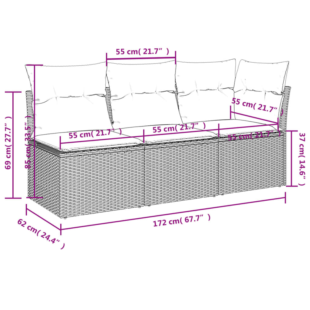 Trivietė sodo sofa su pagalvėlėmis, ruda, poliratanas - Namų Idėja