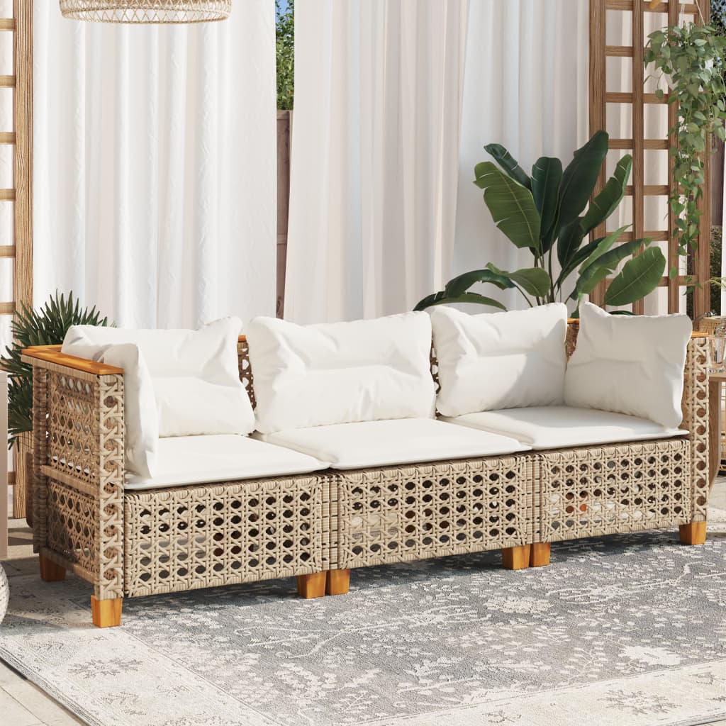 Trivietė sodo sofa su pagalvėlėmis, smėlio spalvos, poliratanas - Namų Idėja