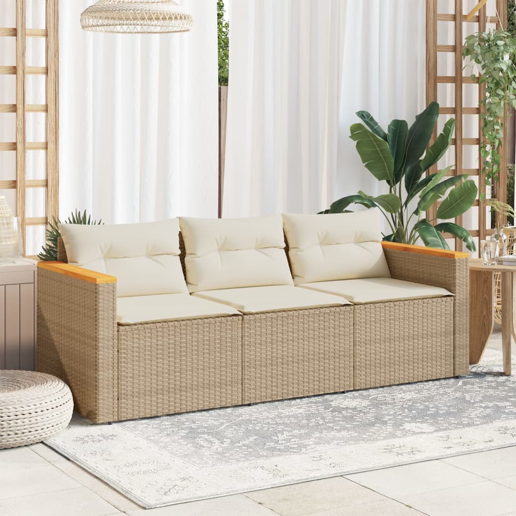 Trivietė sodo sofa su pagalvėlėmis, smėlio spalvos, poliratanas - Namų Idėja