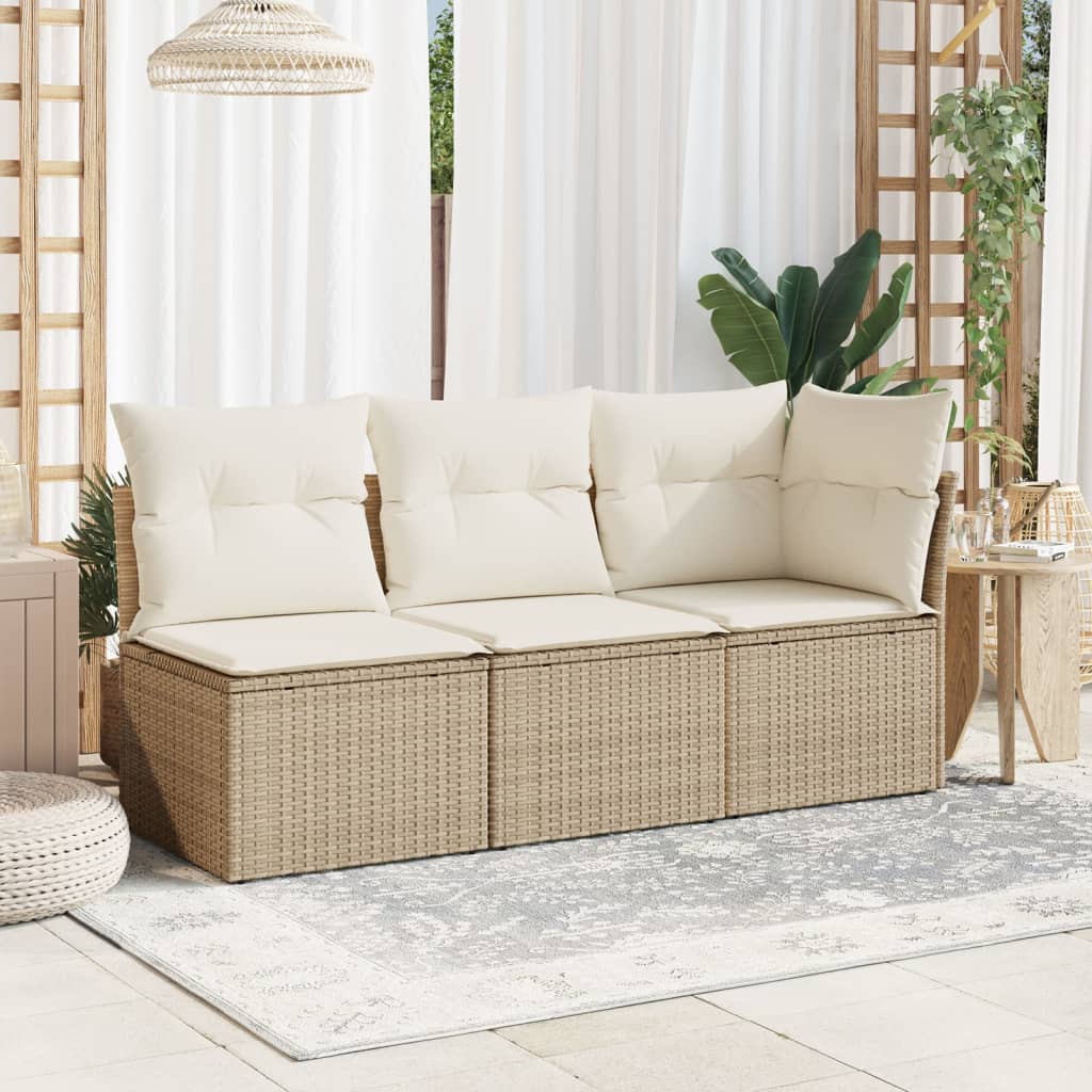 Trivietė sodo sofa su pagalvėlėmis, smėlio spalvos, poliratanas - Namų Idėja