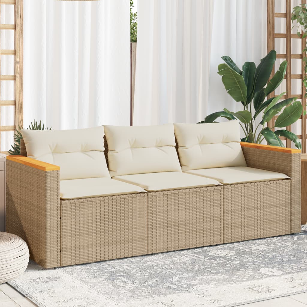 Trivietė sodo sofa su pagalvėlėmis, smėlio spalvos, poliratanas - Namų Idėja