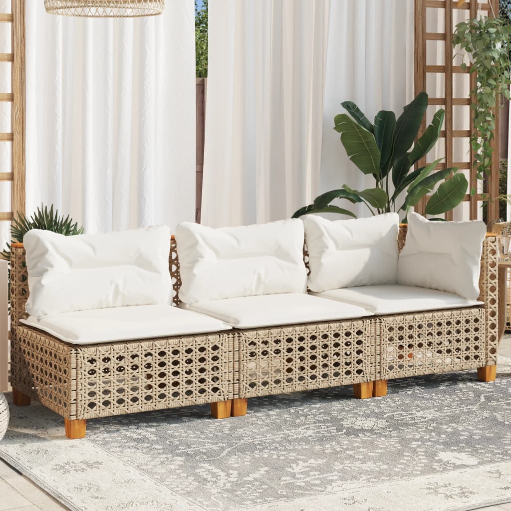 Trivietė sodo sofa su pagalvėlėmis, smėlio spalvos, poliratanas - Namų Idėja