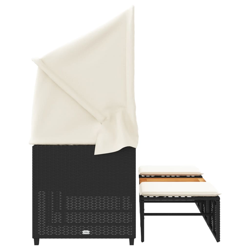 Trivietė sodo sofa su skliautu/taburetėmis, juoda, poliratanas - Namų Idėja