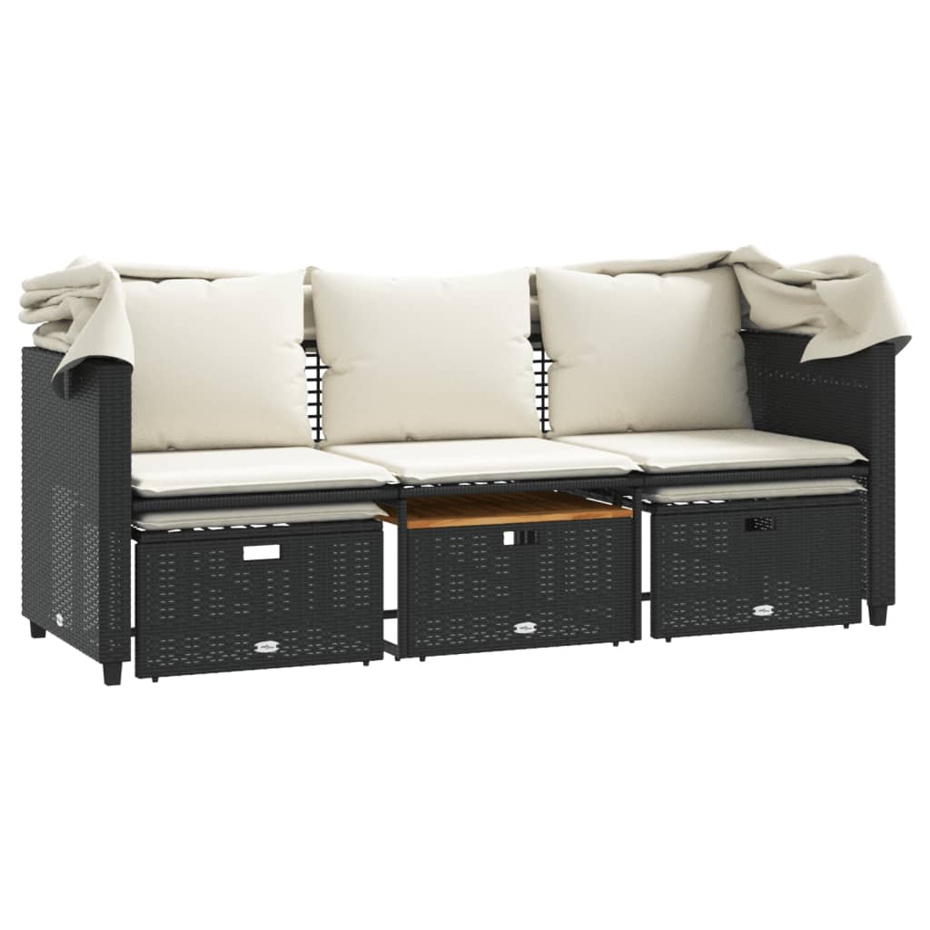 Trivietė sodo sofa su skliautu/taburetėmis, juoda, poliratanas - Namų Idėja
