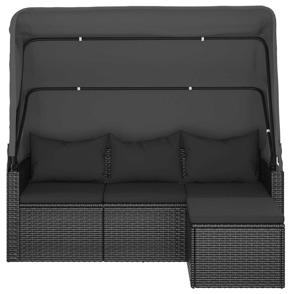 Trivietė sodo sofa su stogeliu ir pakoja, juoda, poliratanas - Namų Idėja