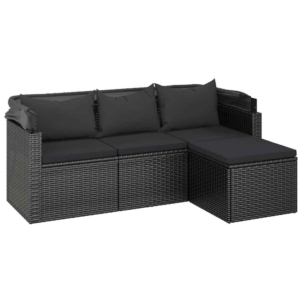 Trivietė sodo sofa su stogeliu ir pakoja, juoda, poliratanas - Namų Idėja