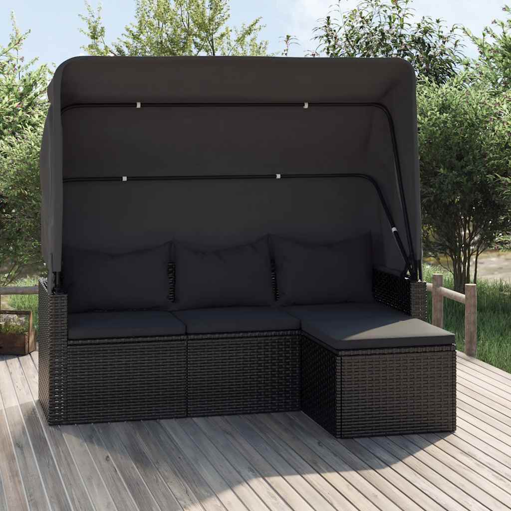 Trivietė sodo sofa su stogeliu ir pakoja, juoda, poliratanas - Namų Idėja