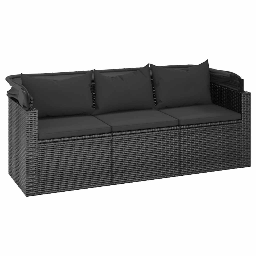Trivietė sodo sofa su stogeliu ir pakoja, juoda, poliratanas - Namų Idėja