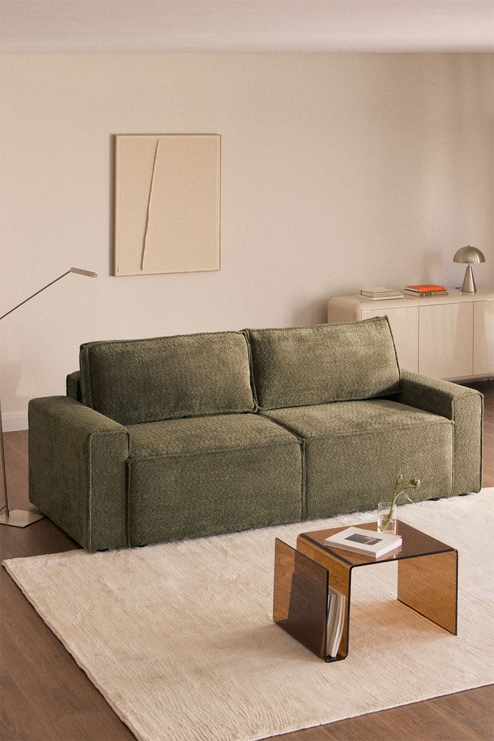 Trivietė sofa TAMLO su miegama funkcija, bouclé, žalia