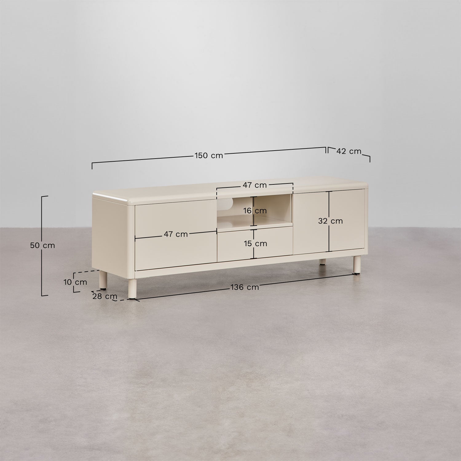 TV spintelė MIGARO, 150 cm, plieno konstrukcija, šviesi spalva