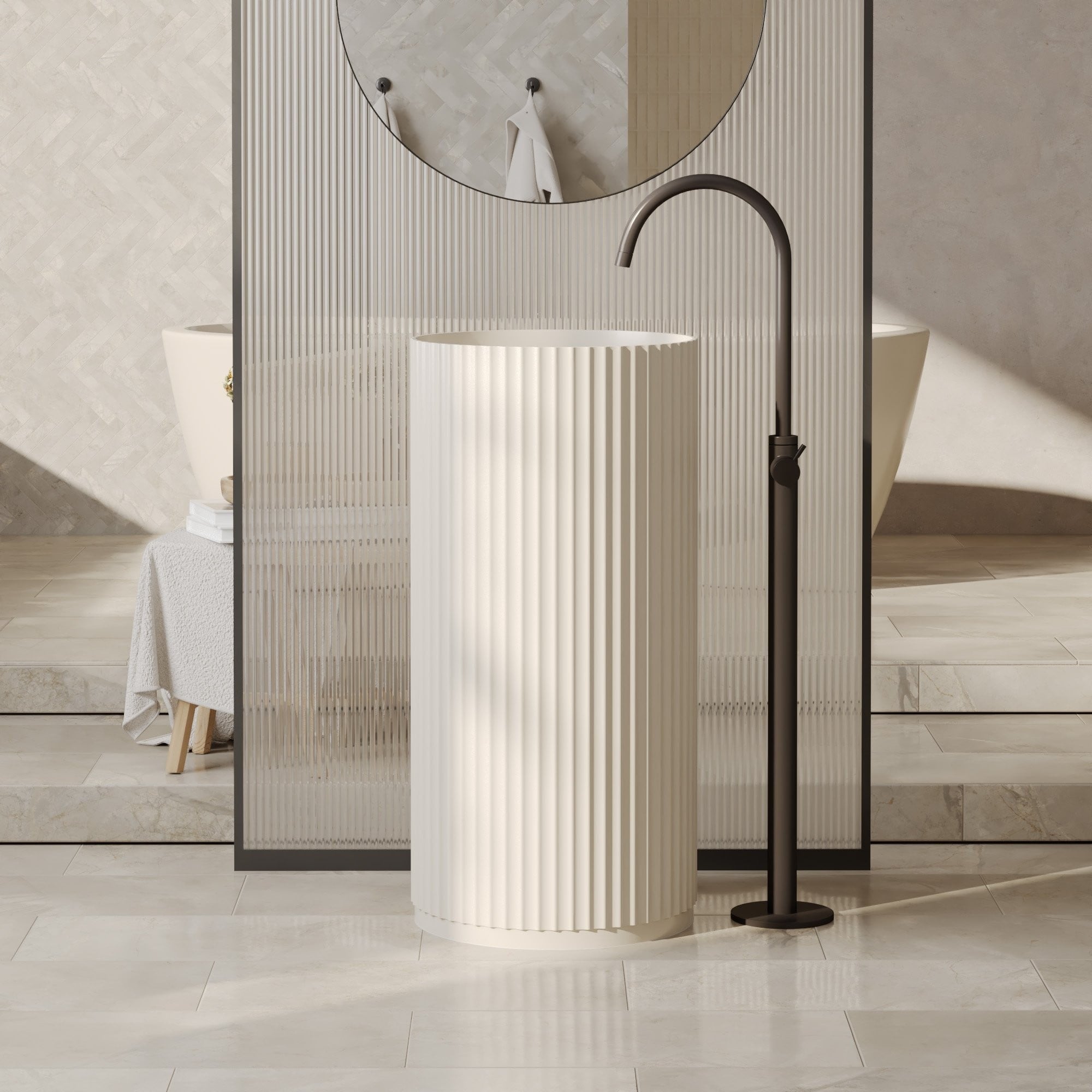 Free-standing washbasin COLINE, ribbed, grey-beige, 45x90 cm