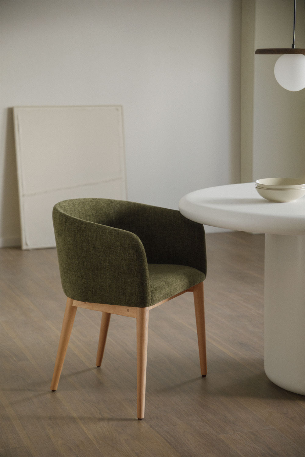 SOLUARO dining chair with armrests, natural wood frame, sage green chenille