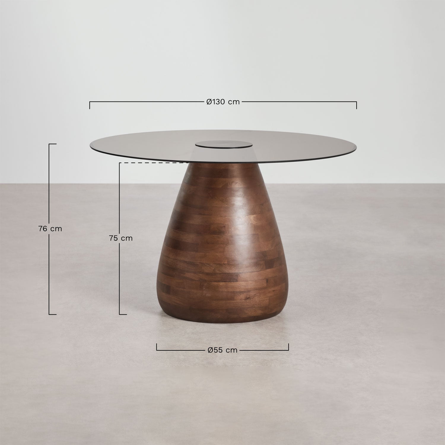 Valgomojo stalas MARIANA, apvalus, Ø130 cm, stiklas, pilkas