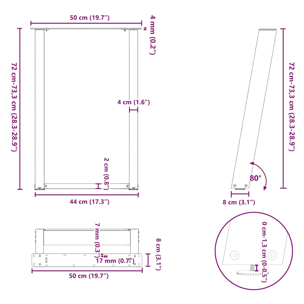 Valgomojo stalo kojos, U formos, 2 vnt., antracito spalvos, 50x(72 - 73) cm, plienas - Namų Idėja