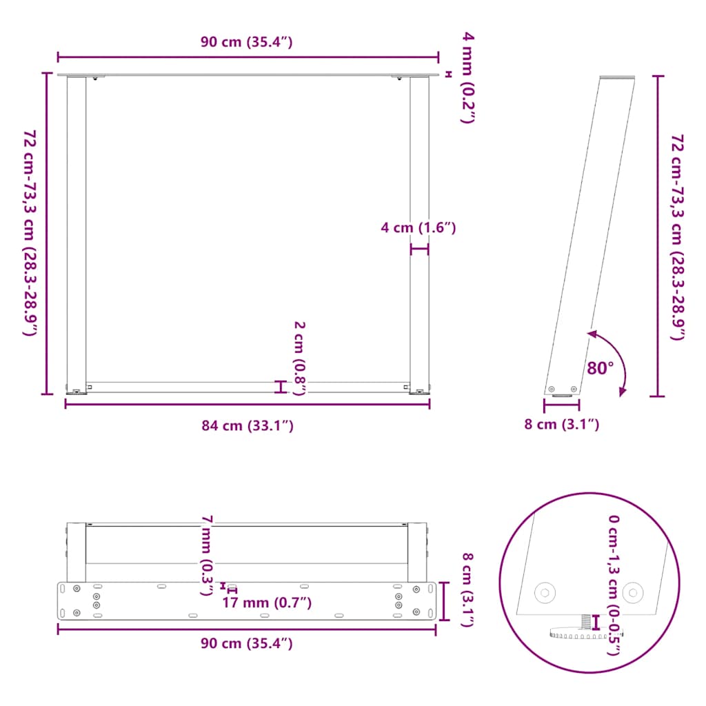 Valgomojo stalo kojos, U formos, 2 vnt., antracito spalvos, 90x(72 - 73) cm, plienas - Namų Idėja