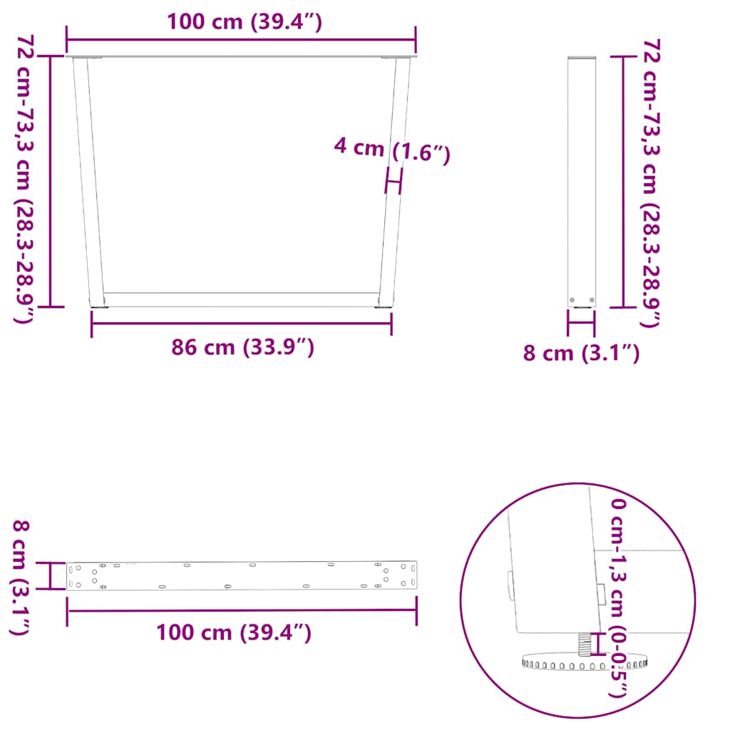 Valgomojo stalo kojos, V formos, 3 vnt., antracito spalvos, 100x(72 - 73,3) cm, plienas - Namų Idėja