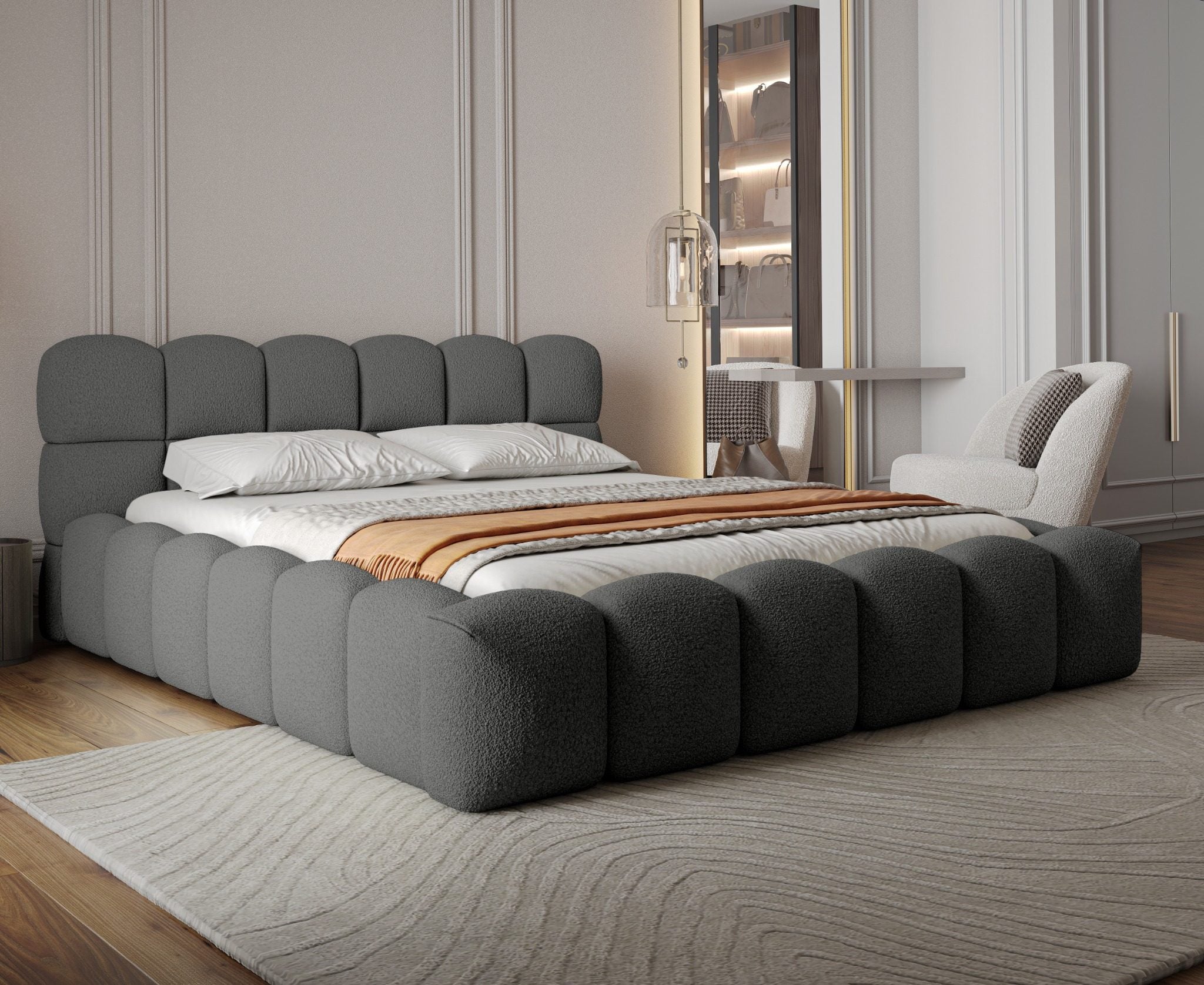 Miegamojo lova JASMIJA, tamsiai pilka quelle