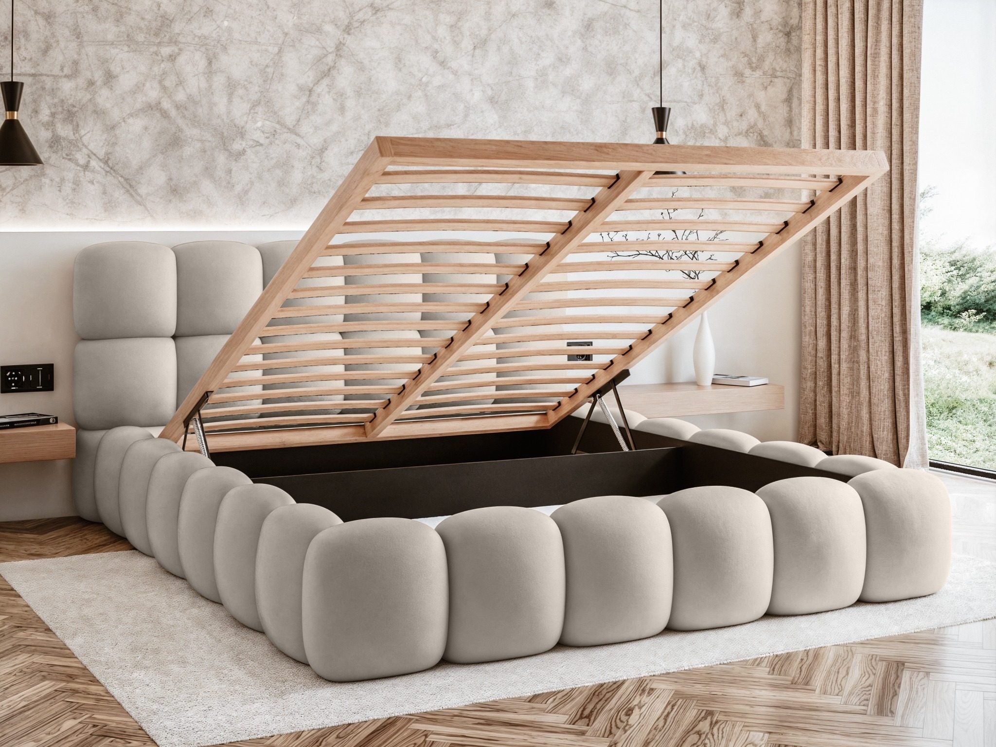 Miegamojo lova JASMIJA, šviesiai smėlio piano