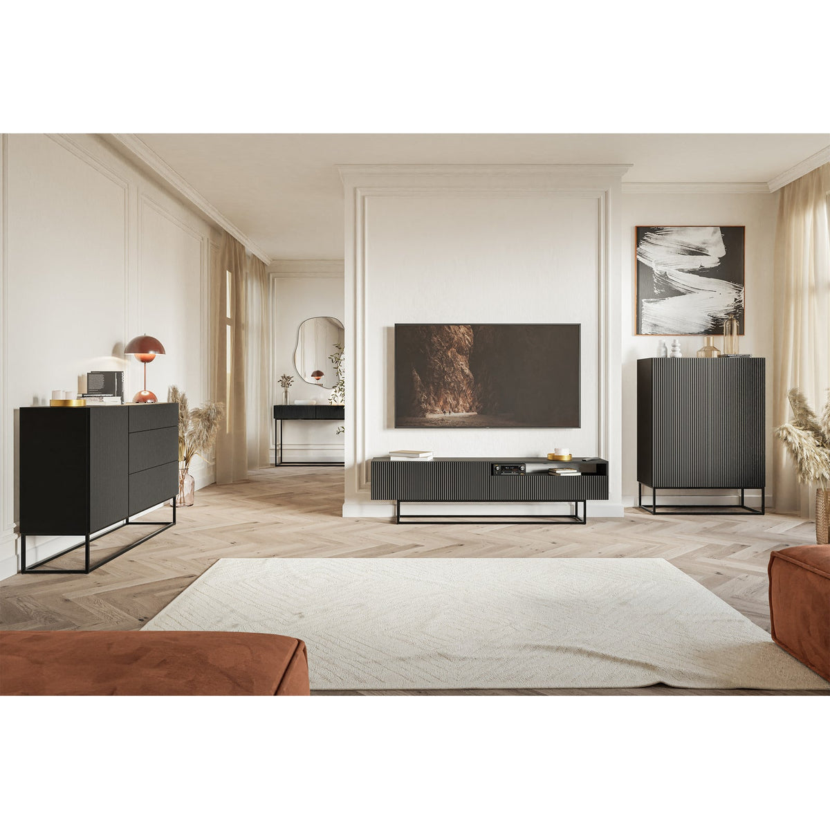 Komoda GREYA, 90 cm, juoda kontrastingame interjere