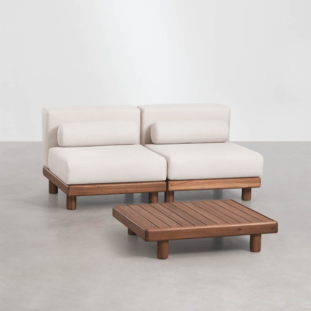 KORKO two-seater modular sofa with table, acacia